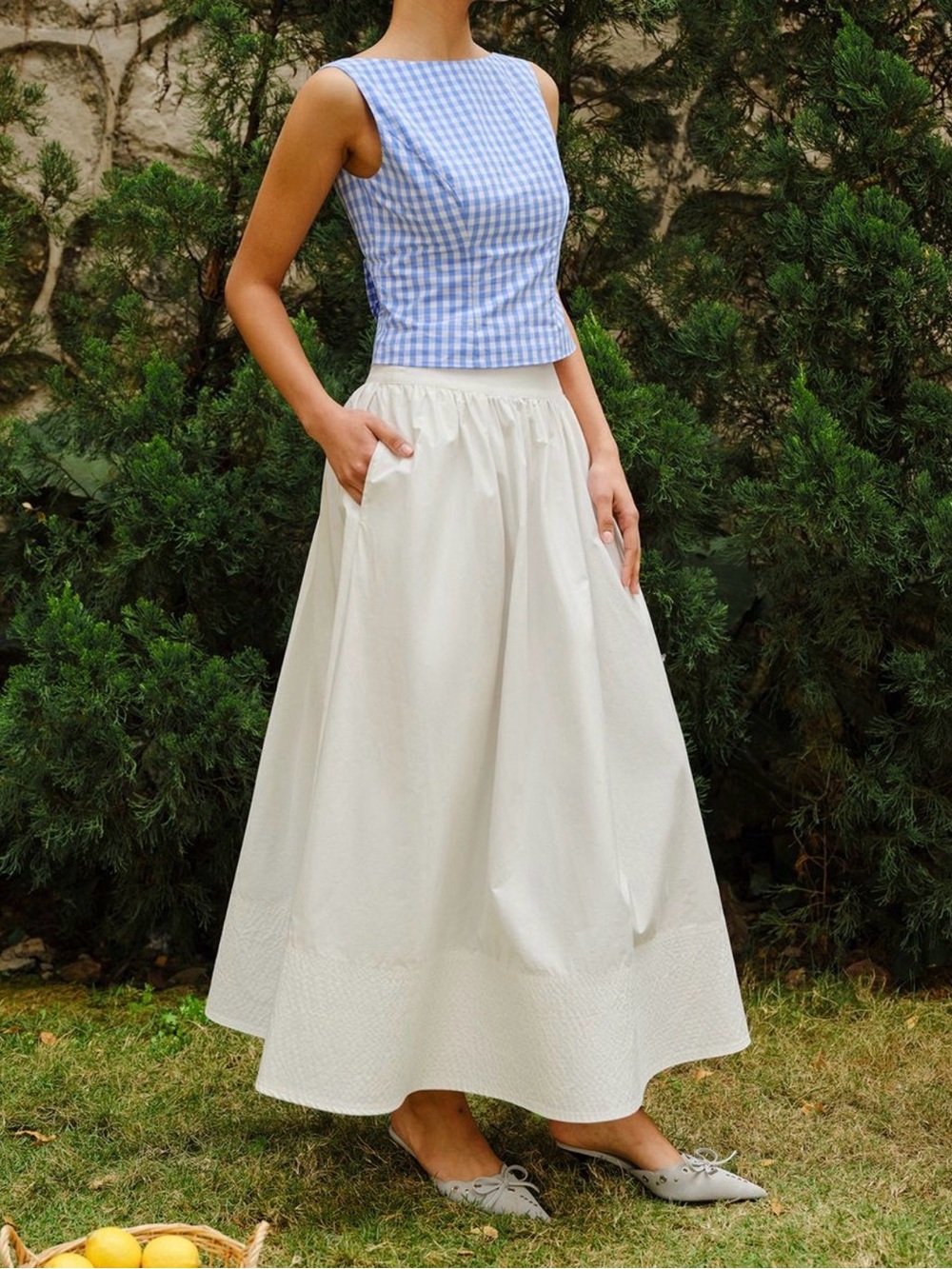 Commense Cotton White Maxi Skirt with Side Pockets